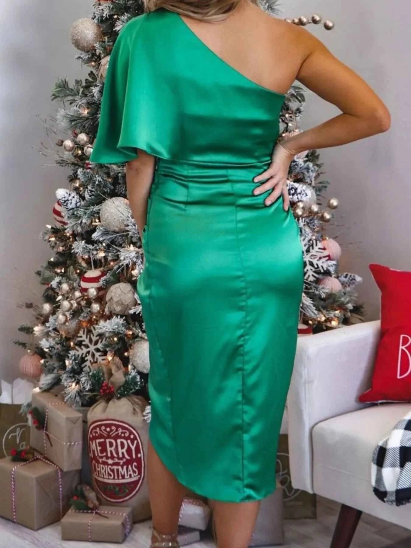 One-Shoulder Satin Wrap Dress with Side Slit.