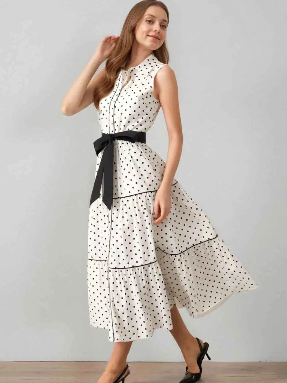 Polka Dot Sleeveless Midi Shirt Dress.