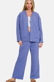 Zenana Quilted Button Up Long Sleeve Top & Pants Lounge Set.