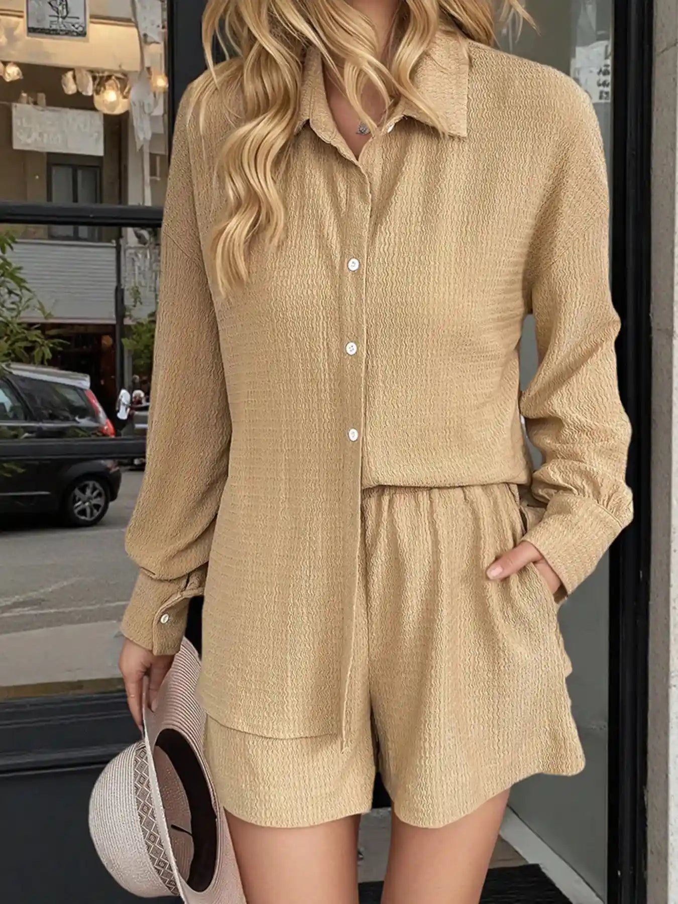 Button Up Long Sleeve Shirt and Shorts Set.