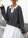Stripe Contrast Collar Long Sleeve Knit Top.