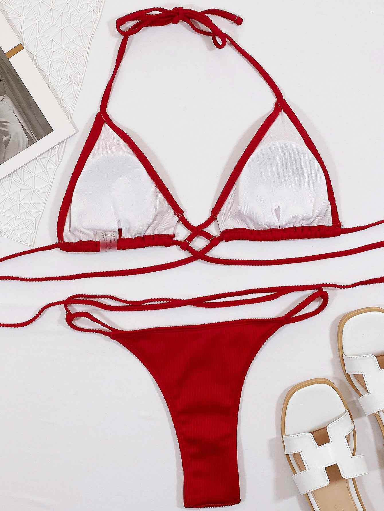 Halter Neck Crisscross Ribbed Bikini Set.