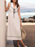 Nautical V-Neck Sleeveless Midi Dress with Contrast Trim.