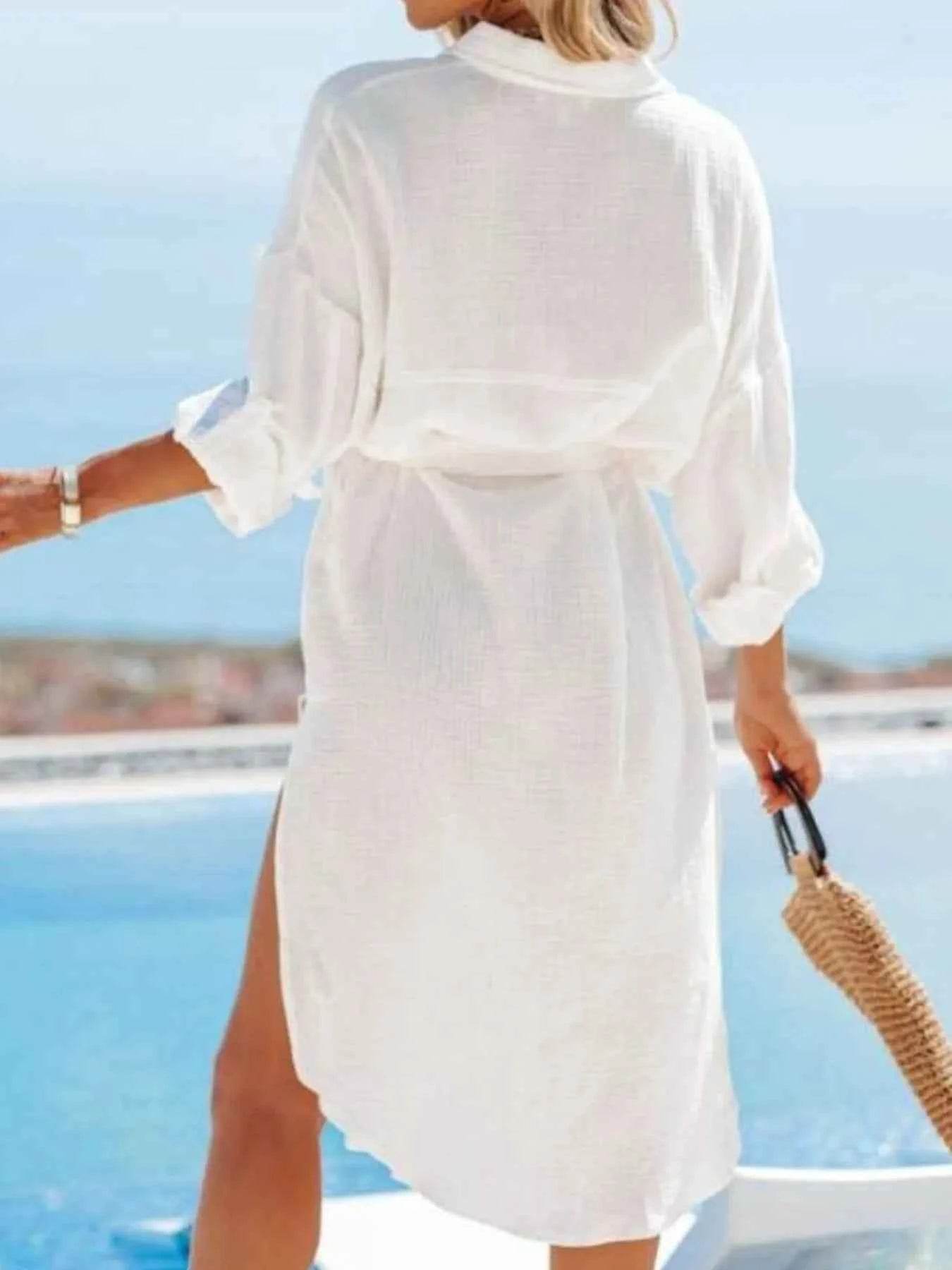 Button Down Tie Waist Shirt Dress.