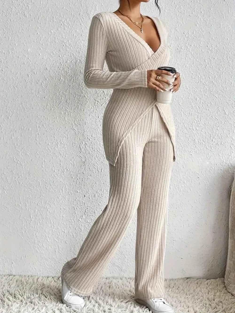 Surplice Long Sleeve Top and Pants Set - EBYNN