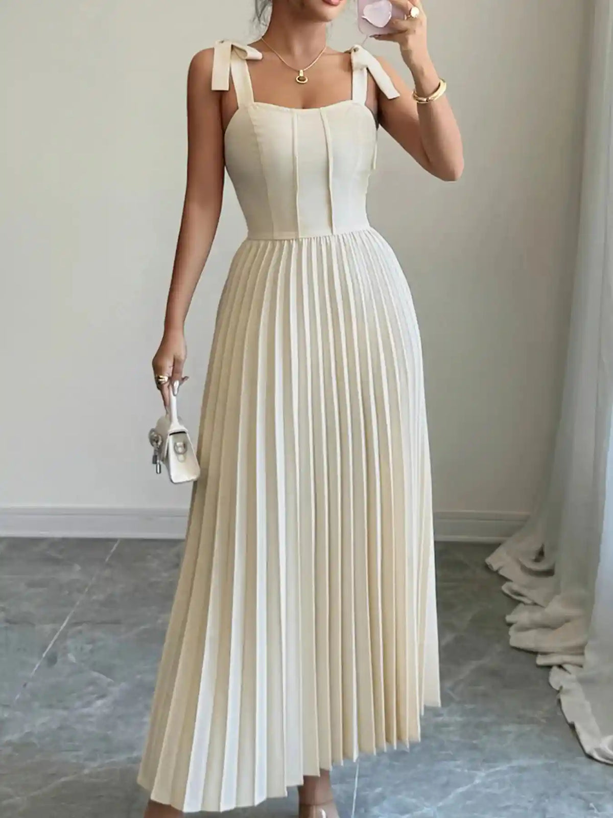 Pleated Tie-Shoulder Maxi Dress.