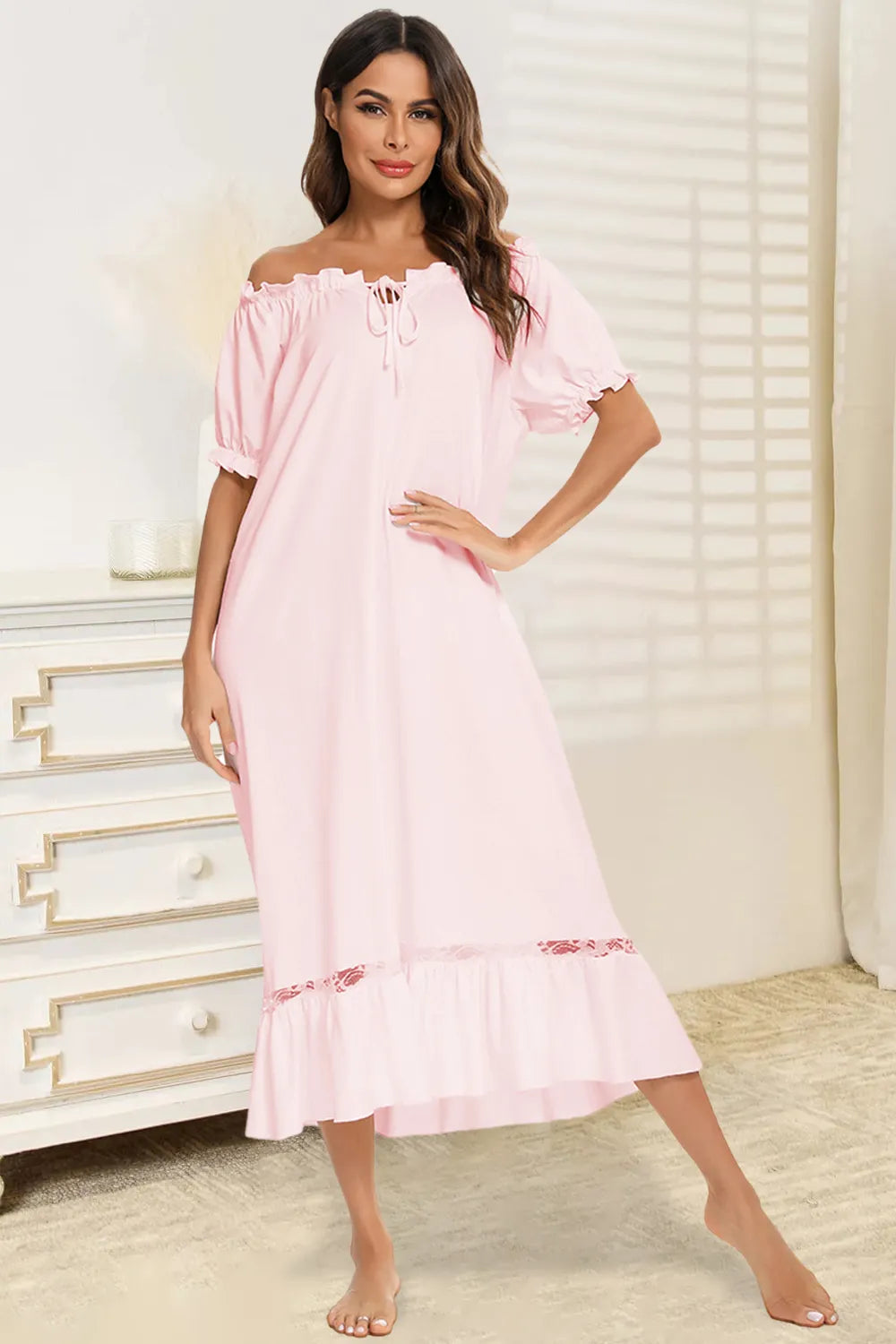 Lace Detail Short Sleeve Lounge Dress.