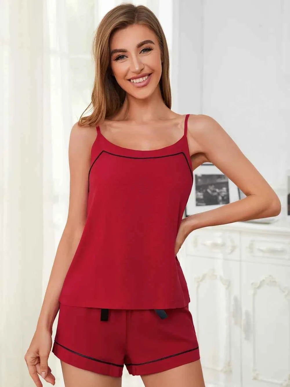 Scoop Neck Spaghetti Strap Top and Shorts Lounge Set.