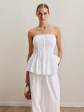 Strapless Peplum Top and Wide Leg Pants Set.