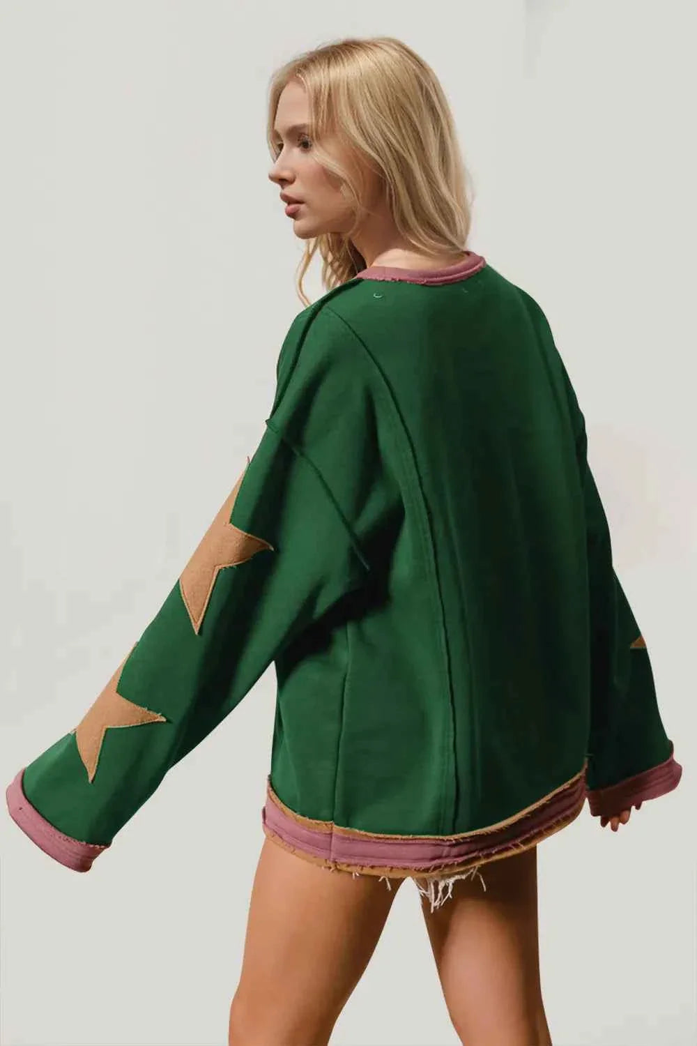 Double Take Star Patched Long Sleeve Sweatshirt.