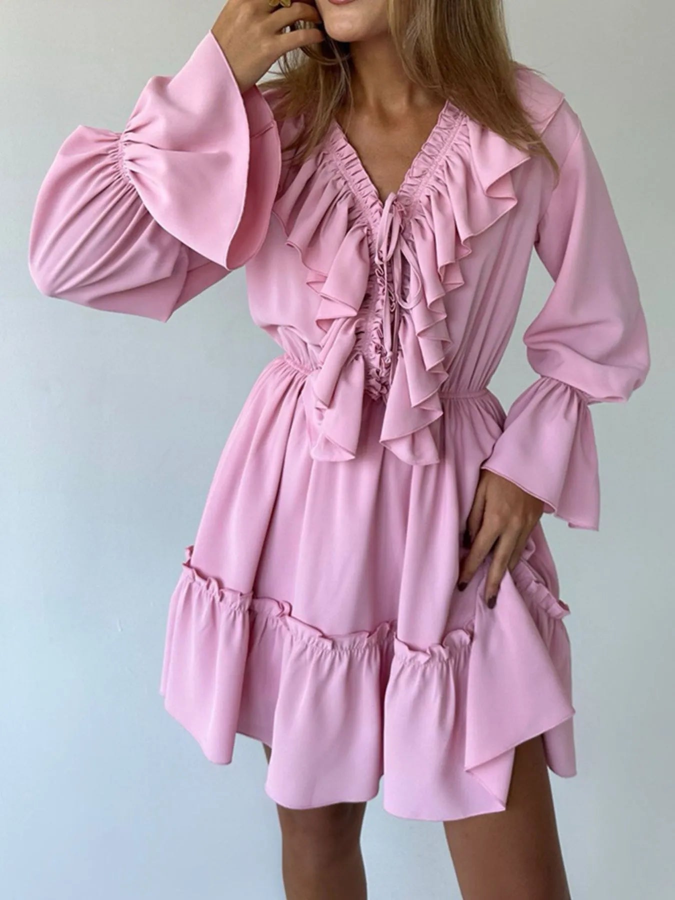 Ruffle Flounce Sleeve Mini Dress.