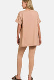 Zenana Full Size V-Neck Rolled Short Sleeve T-Shirt & Leggings Set.