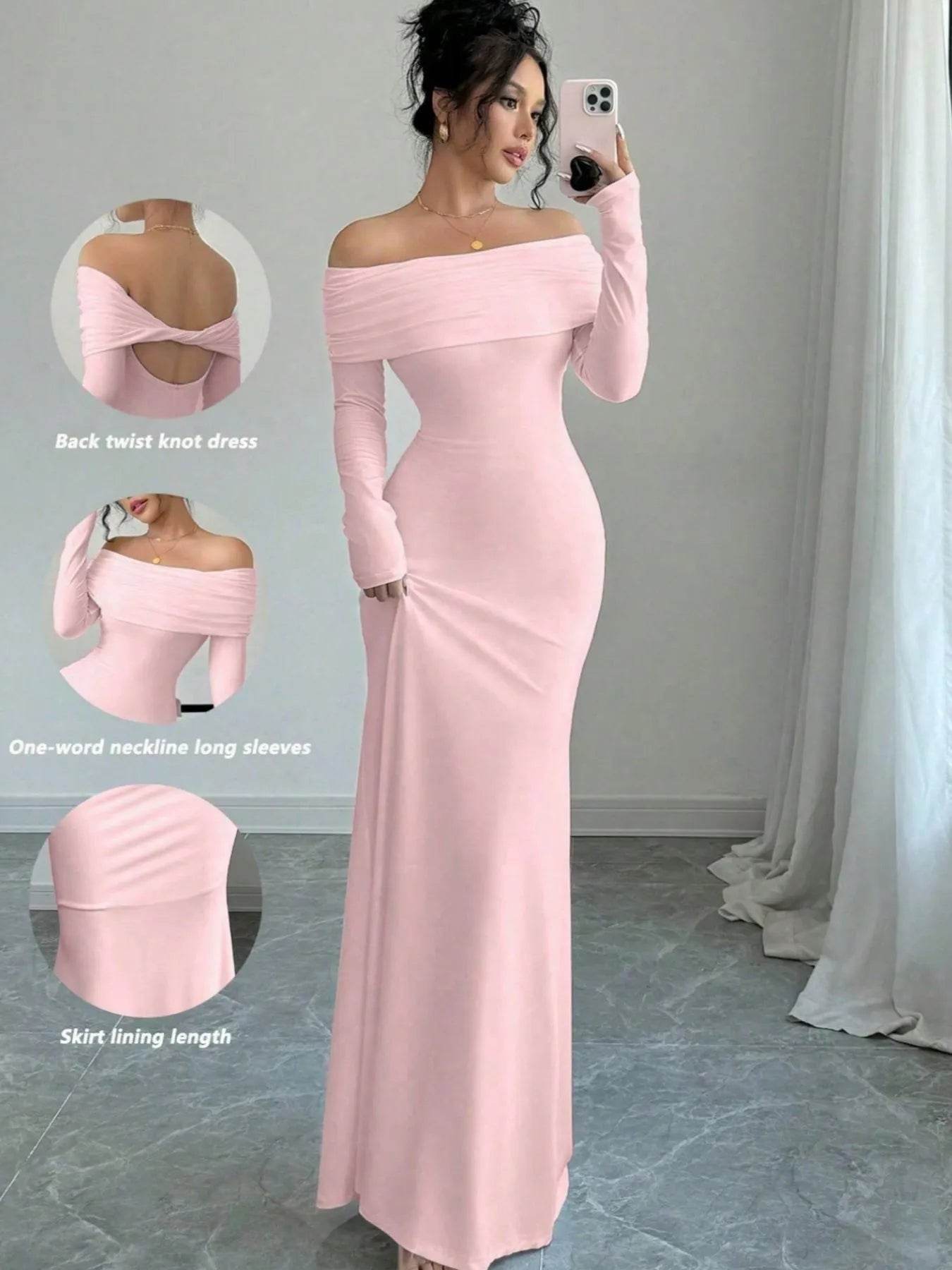 Off-Shoulder Long Sleeve Bodycon Maxi Dress.