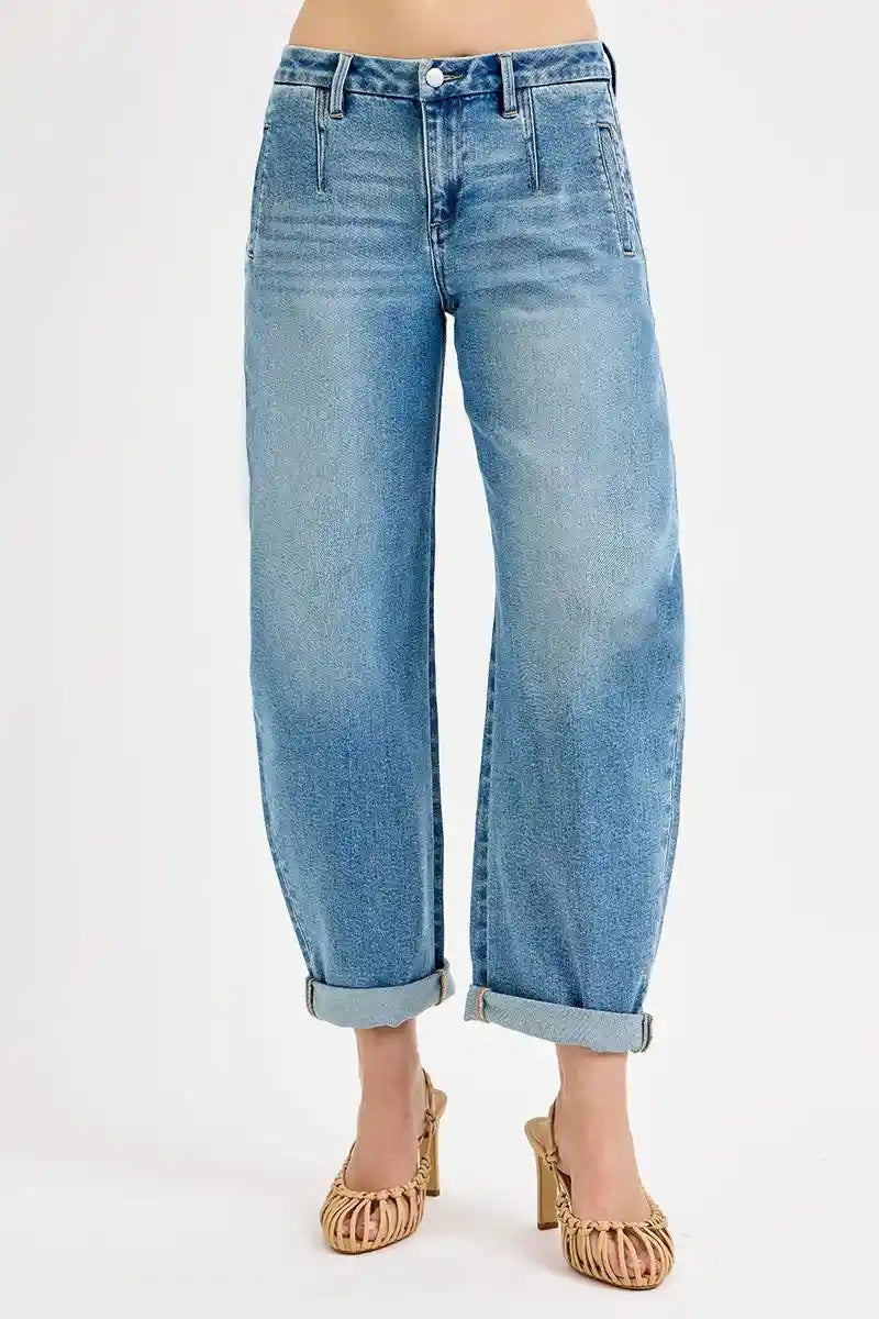 RISEN Full Size Mid Rise Fit Barrel Roll Up Jeans Plus Size.