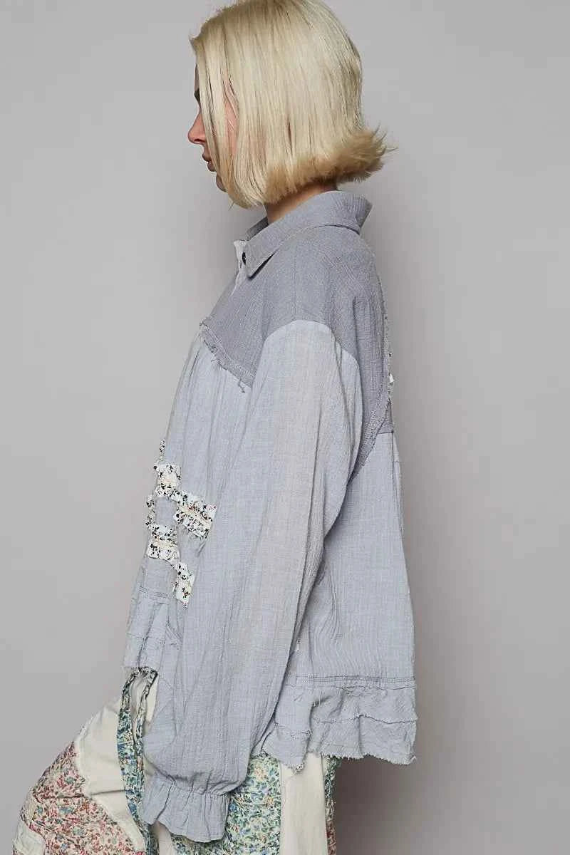 Floral Trim Ruffle Washed Shacket.