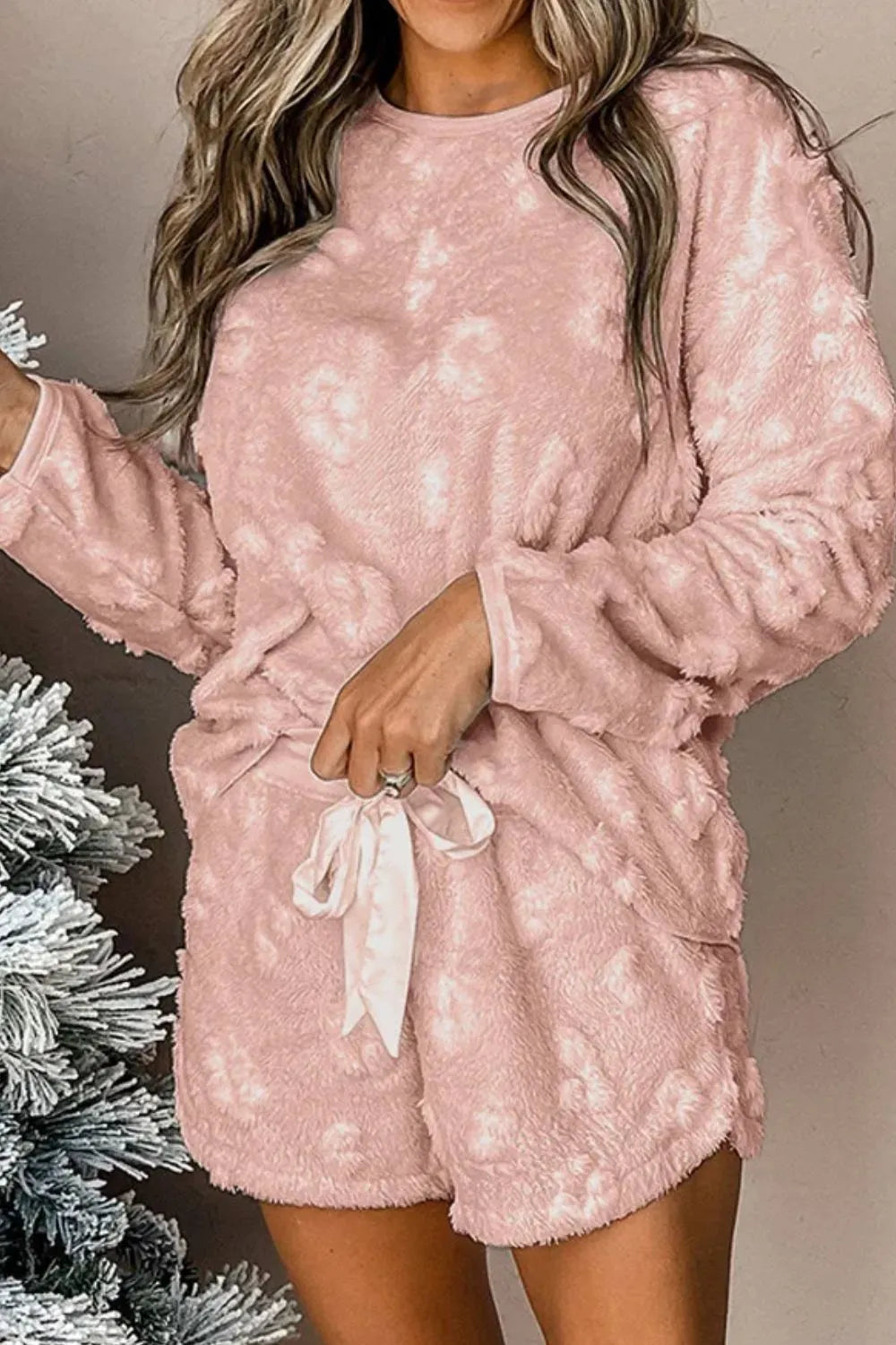 Round Neck Long Sleeve Top and Shorts Lounge Set.