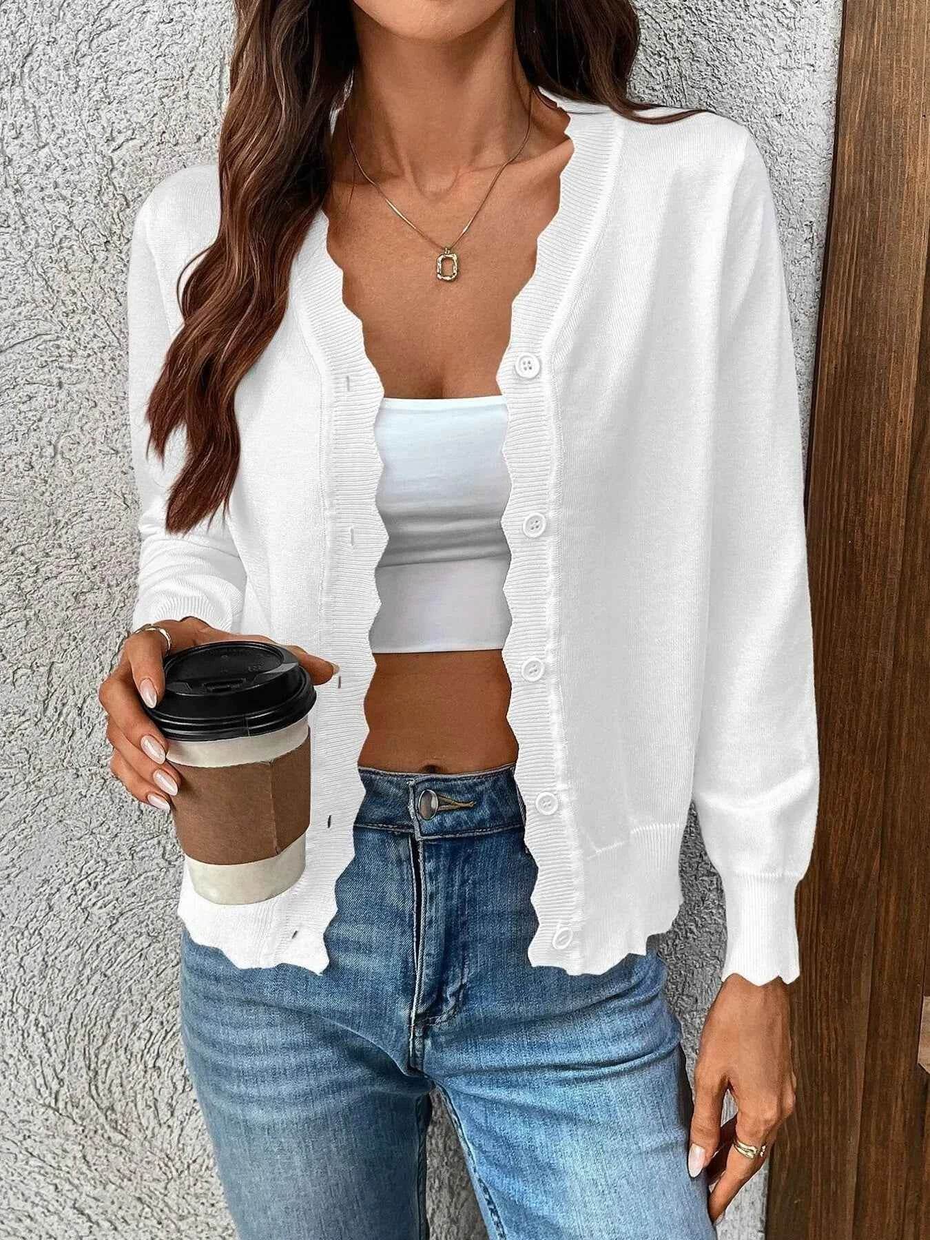 Ribbed Edge Button-Up Knit Cardigan.