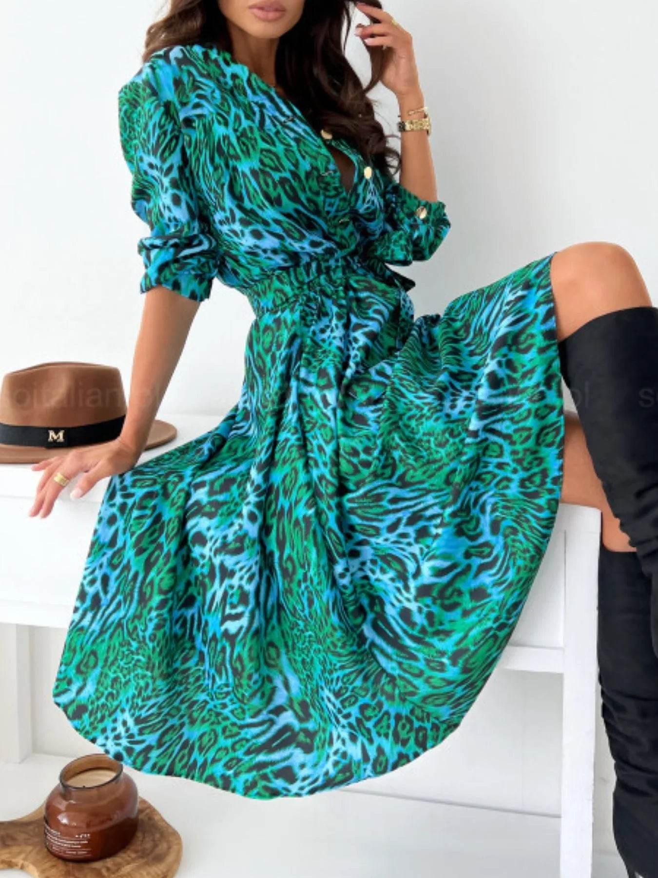 Printed Tie Waist Midi Dress.