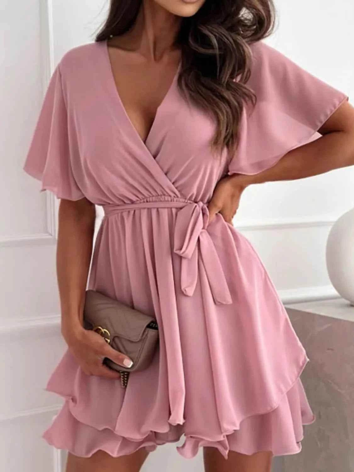 Surplice Flutter Sleeve Mini Dress.