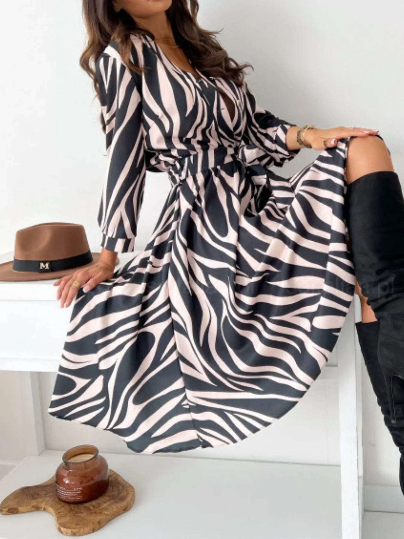 Printed Tie Waist Midi Dress - EBYNN