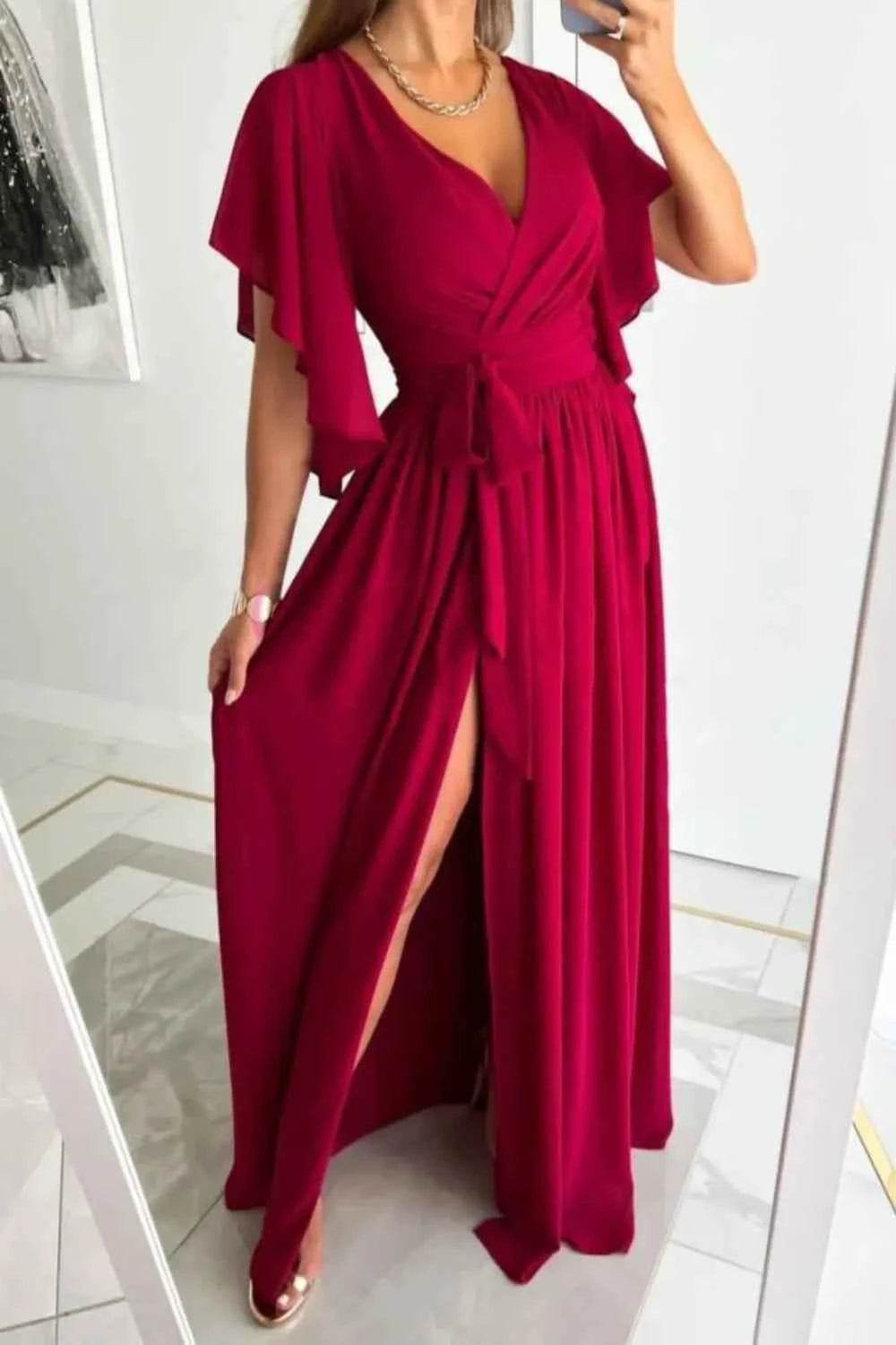 Surplice Flutter Sleeve Maxi Dress.