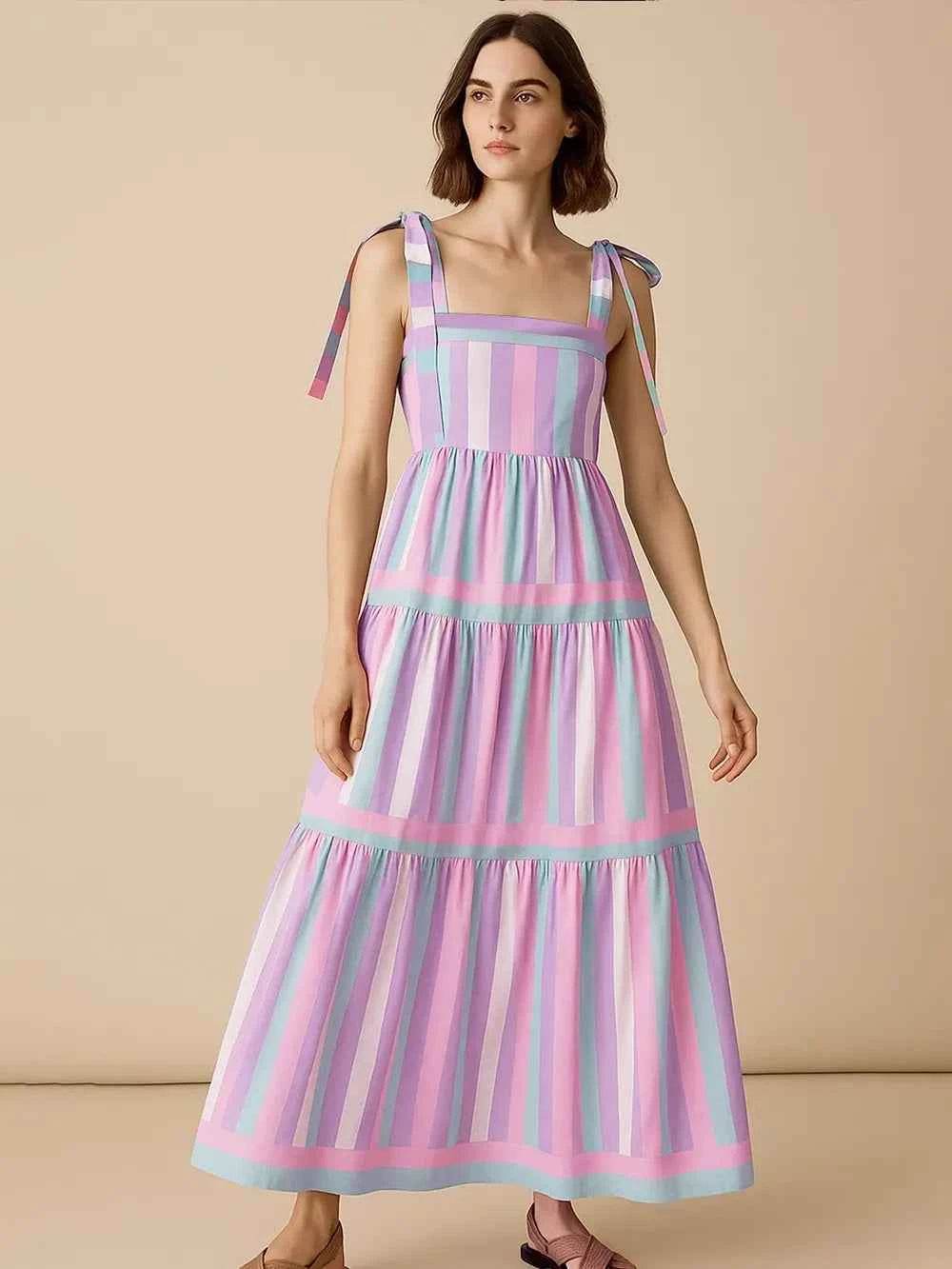 Striped Tiered Maxi Summer Dress with Bow Shoulder Ties.