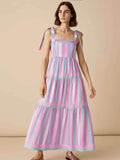 Striped Tiered Maxi Summer Dress with Bow Shoulder Ties.