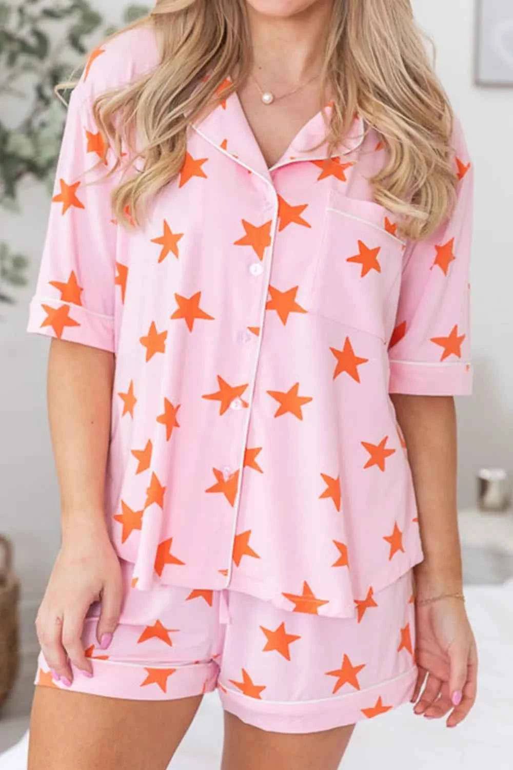 Star Print Short Sleeve Shirt and Shorts Set.