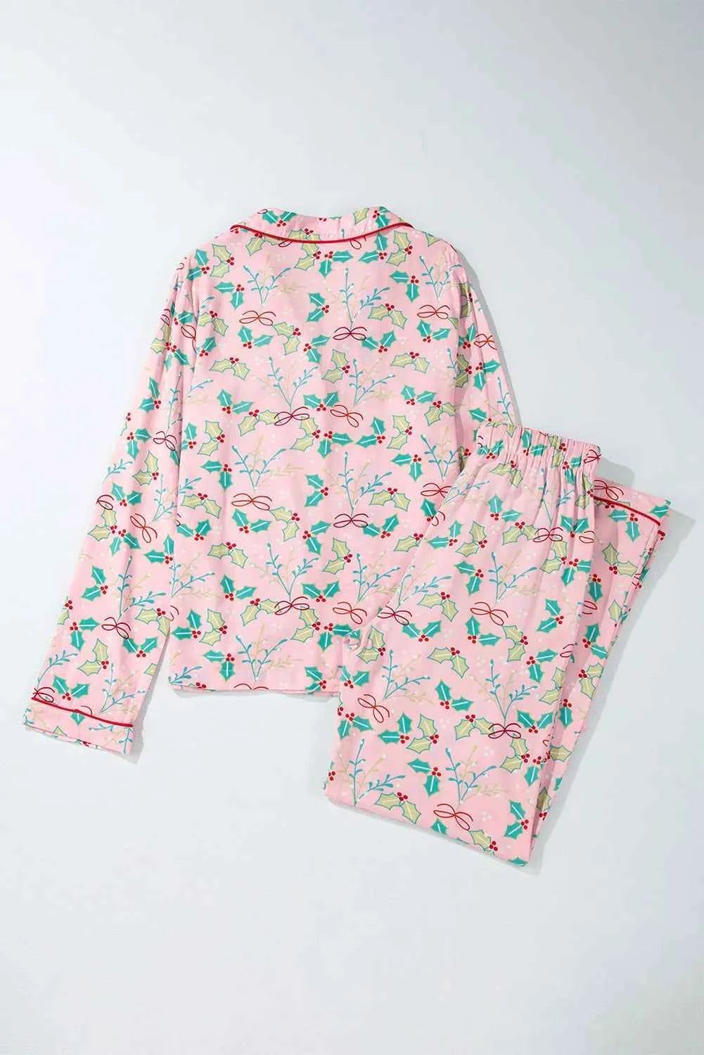 Printed Collared Neck Long Sleeve Top and Pants Lounge Set.