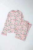 Printed Collared Neck Long Sleeve Top and Pants Lounge Set.