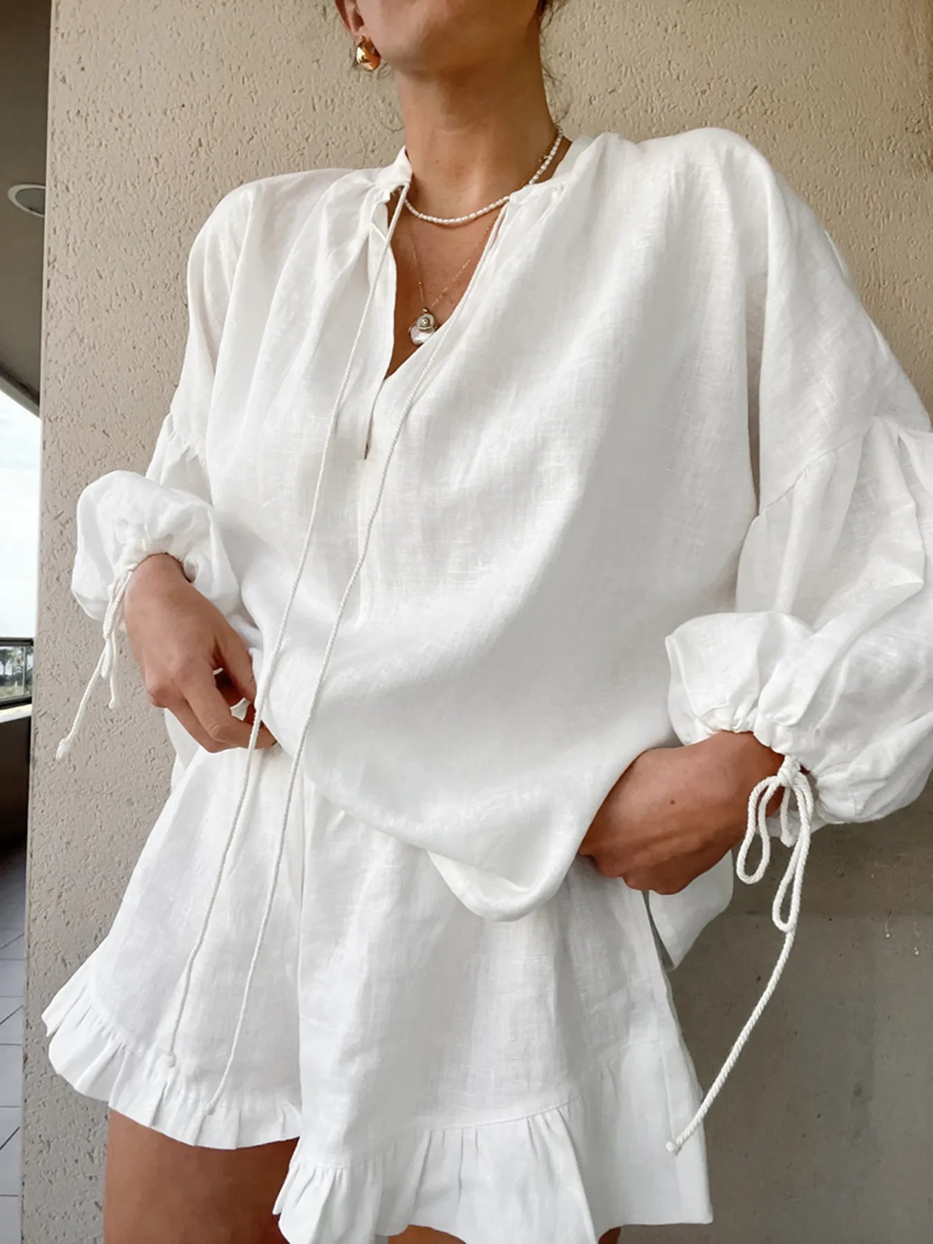 Tie Neck Balloon Sleeve Blouse and Shorts Set.