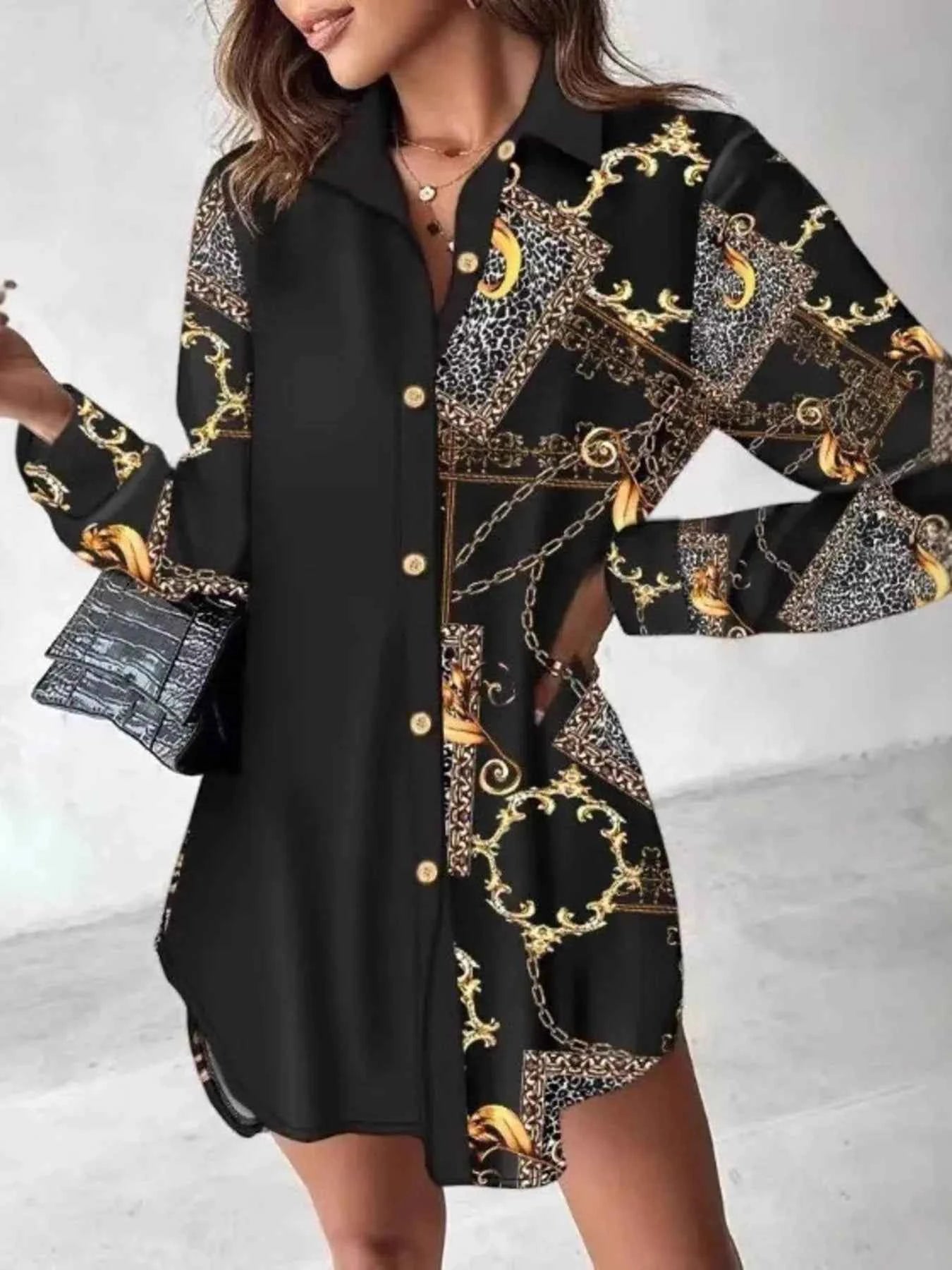Printed Button Up Long Sleeve Shirt Dress.