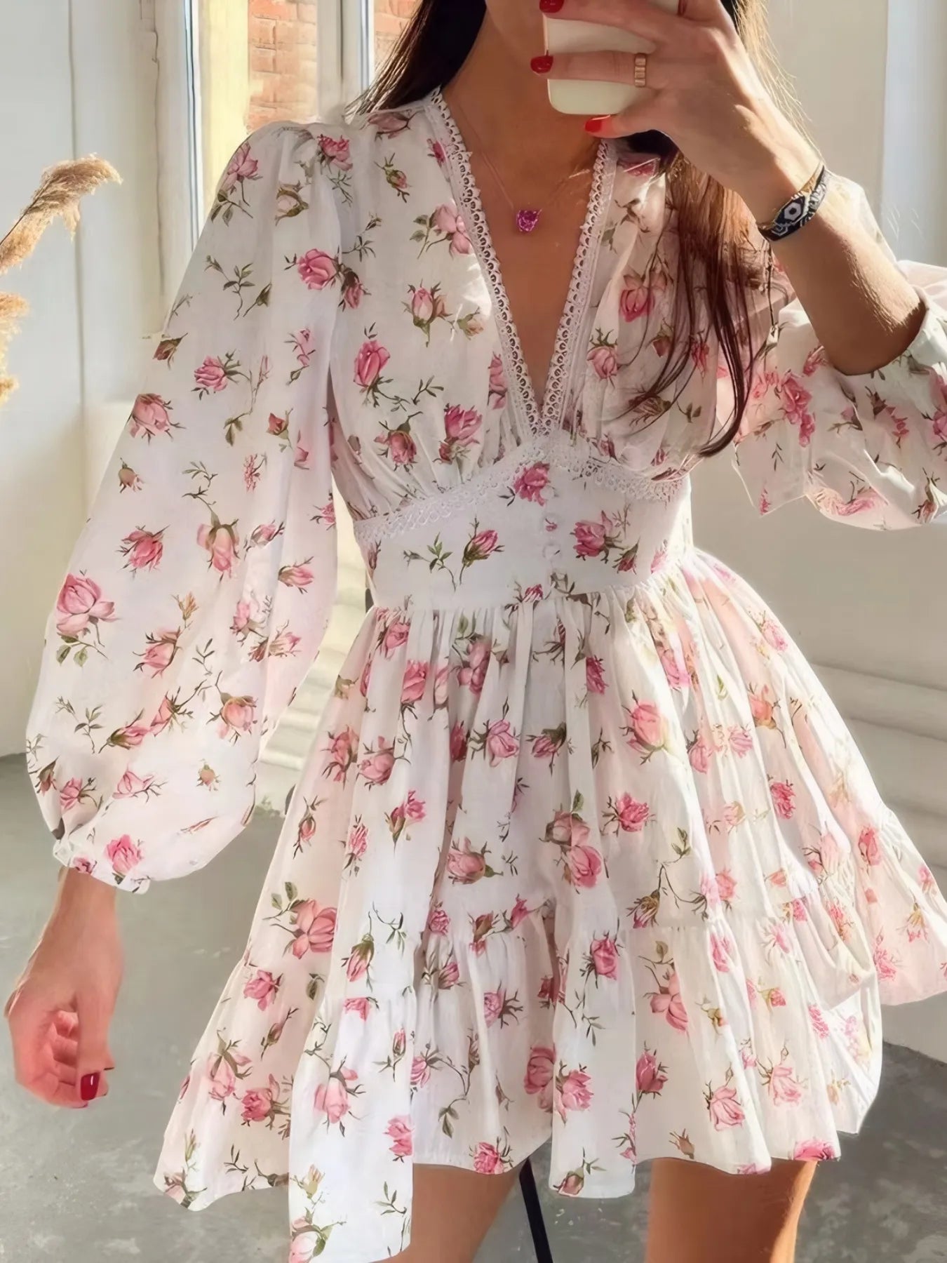 Floral Print Lace Detail V-Neck Mini Dress Plus Size.