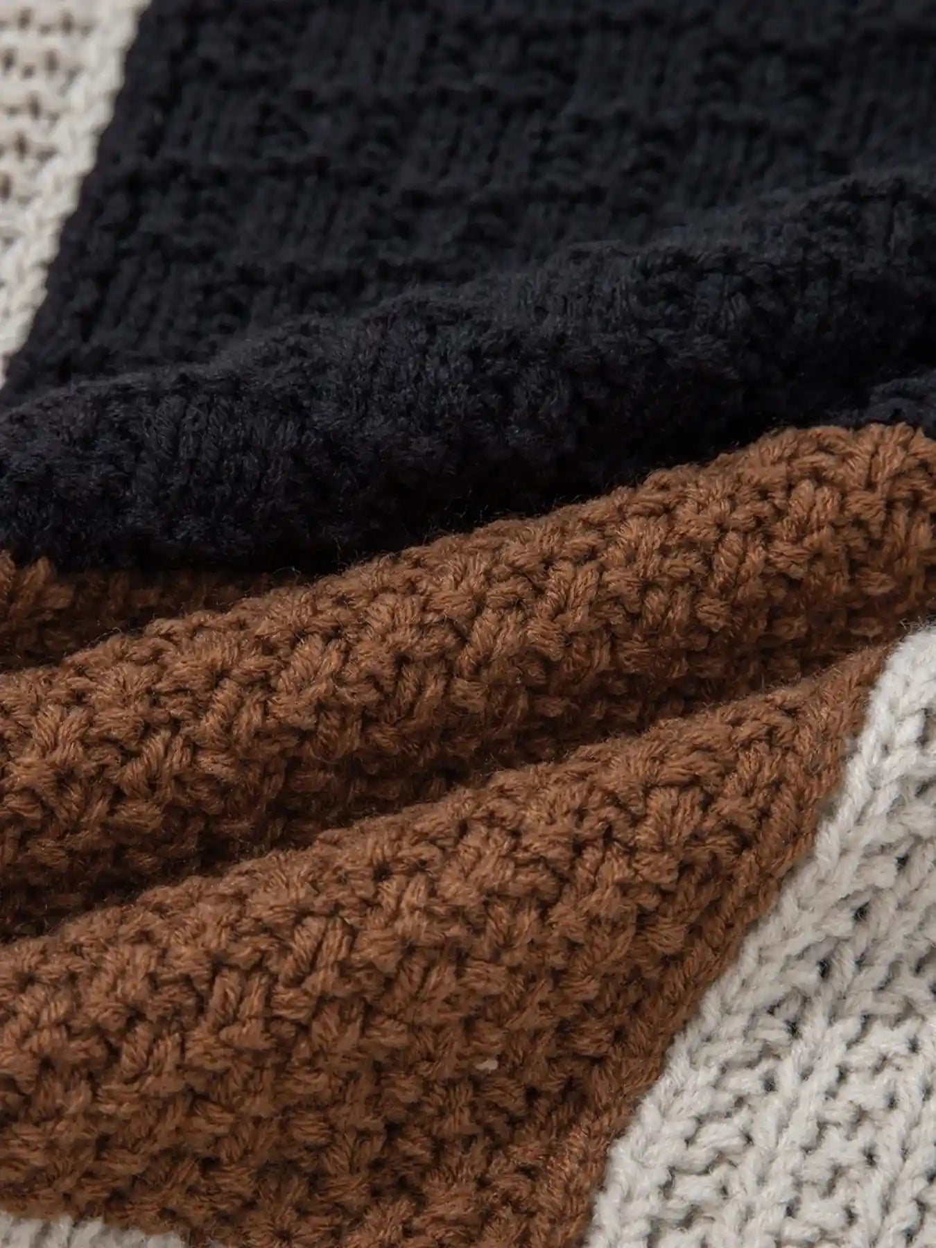 Multicolour Color Block Cable Knit Sleeve Buttons Collared Sweater.