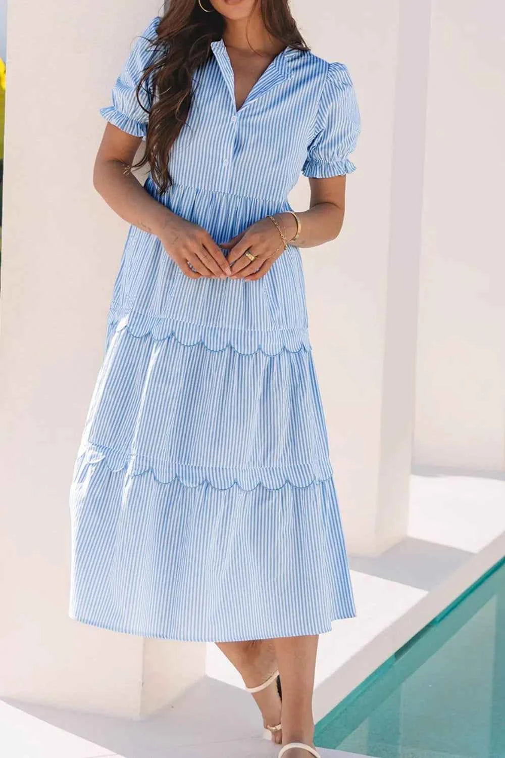 Stripe Bubble Short Sleeve Tiered Scallop Midi Dress.