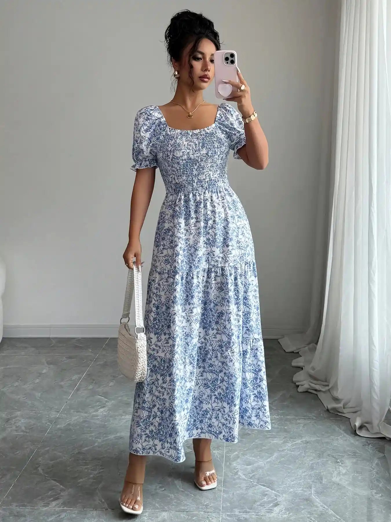 Smocked Printed Short Sleeve Dress.