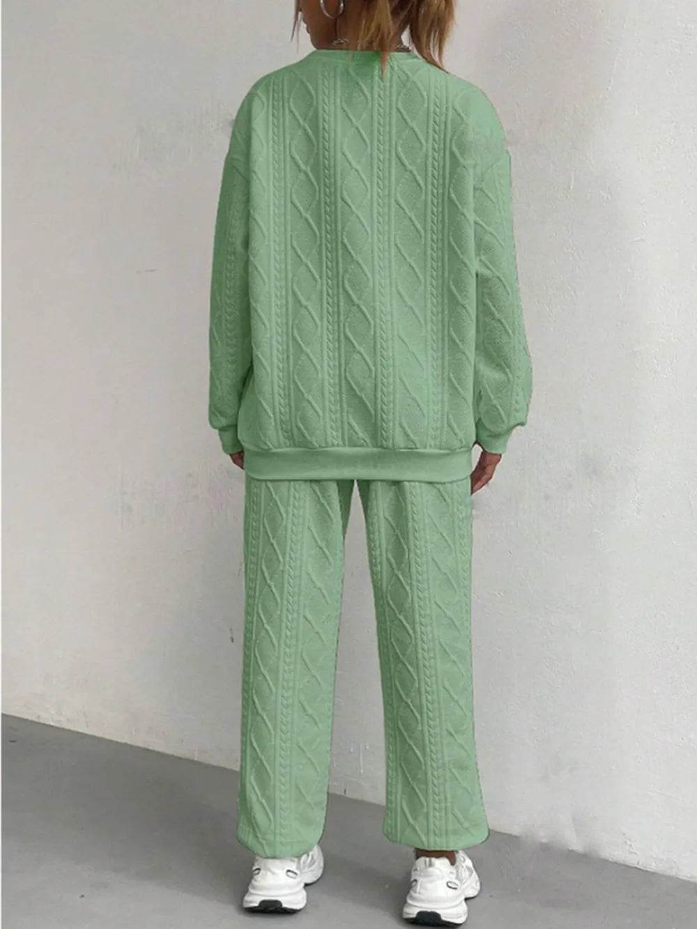 Texture Round Neck Top and Pants Set.