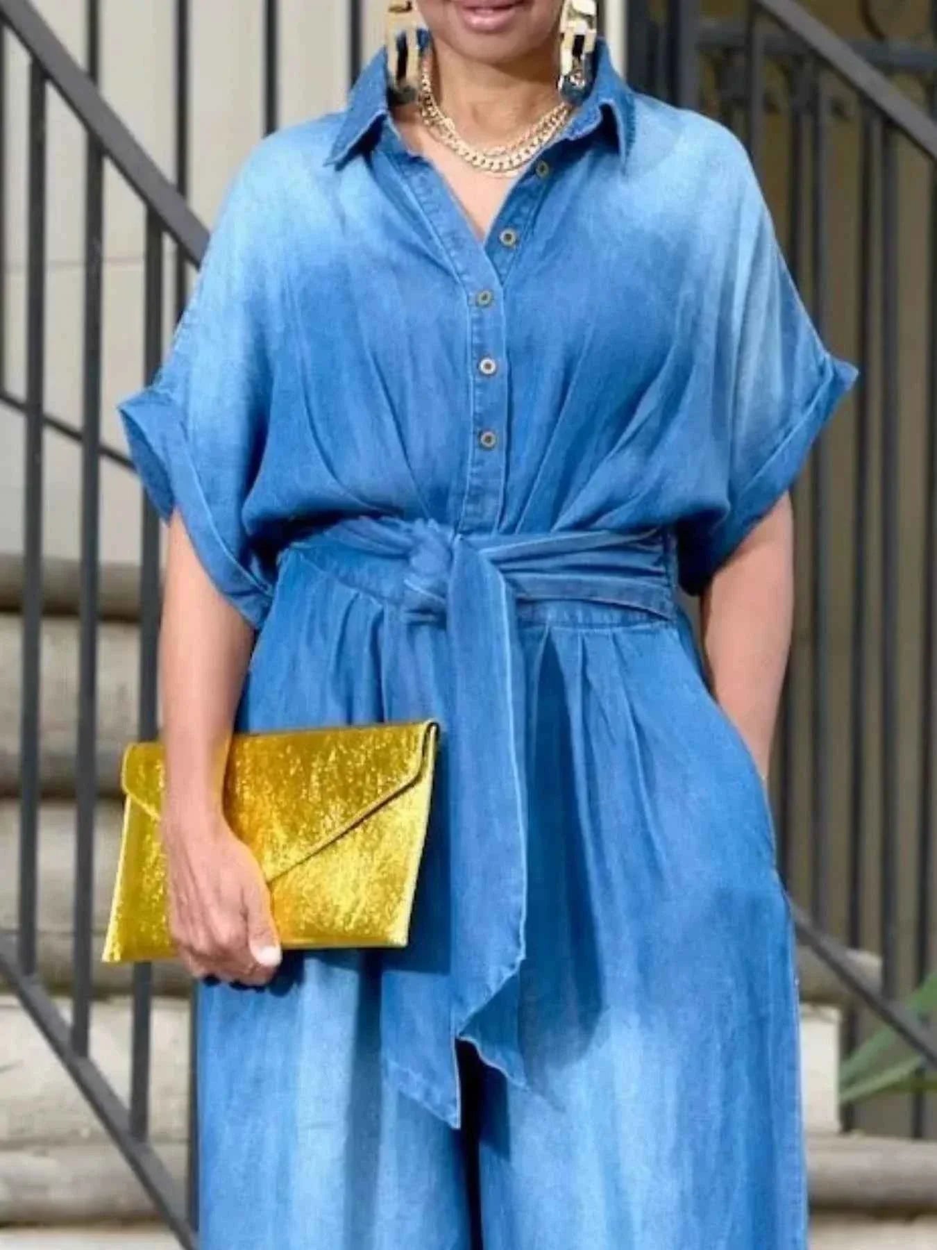 Button Front Wide Leg Denim Jumpsuit.