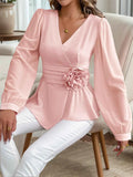 Flower Surplice Long Sleeve Blouse.
