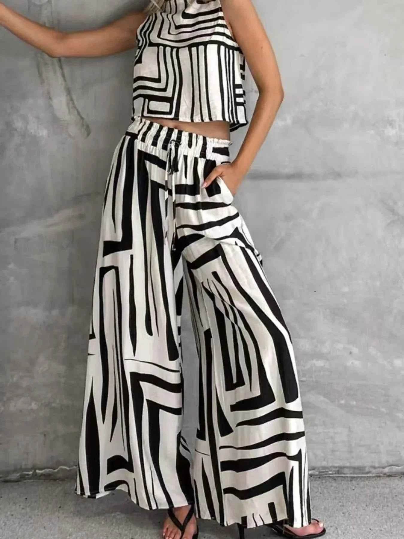 Geometric Print Sleeveless Top & Wide Leg Pants Set - EBYNN