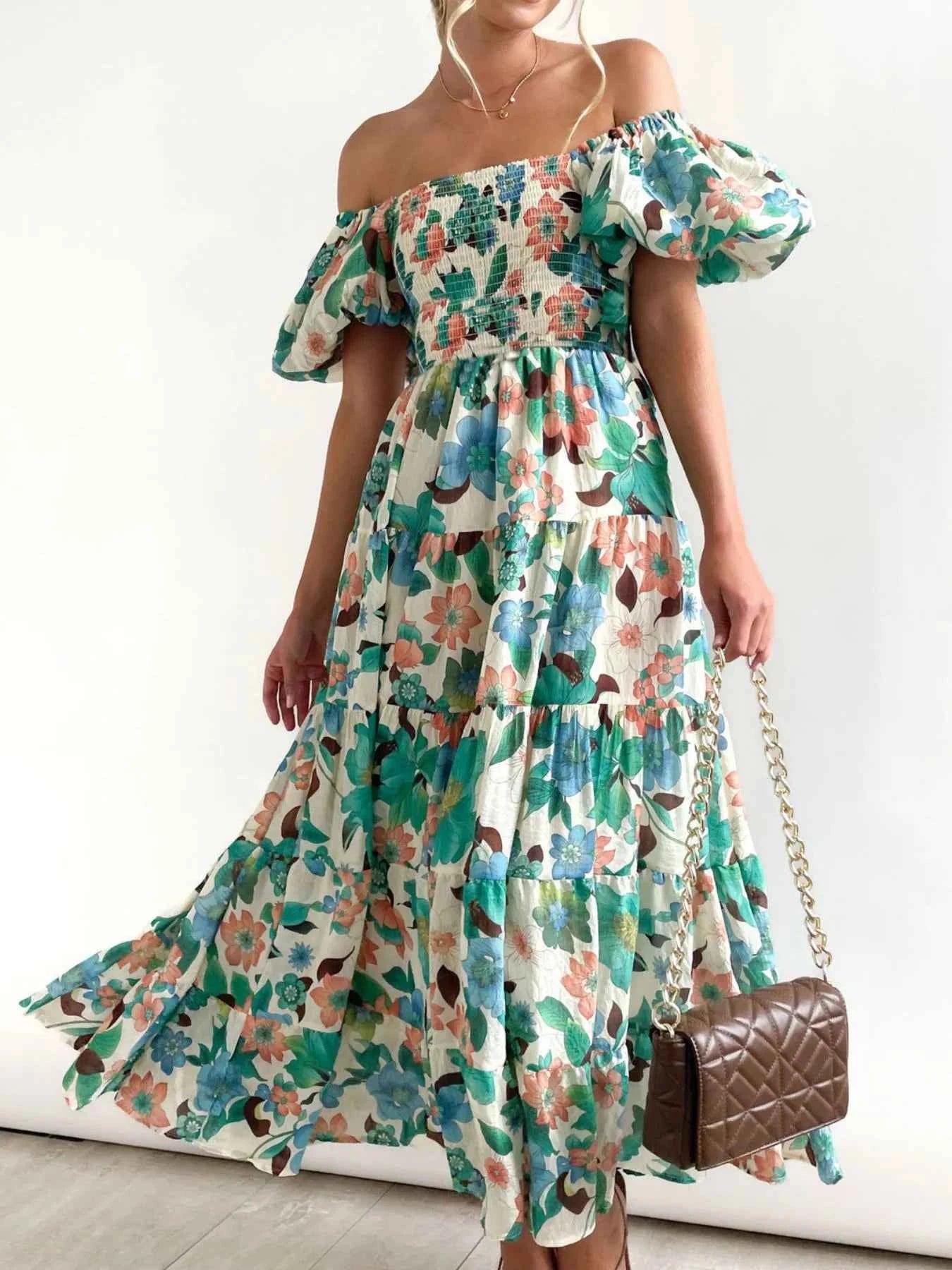 Floral Smocked Puff Sleeve Tiered Dress.