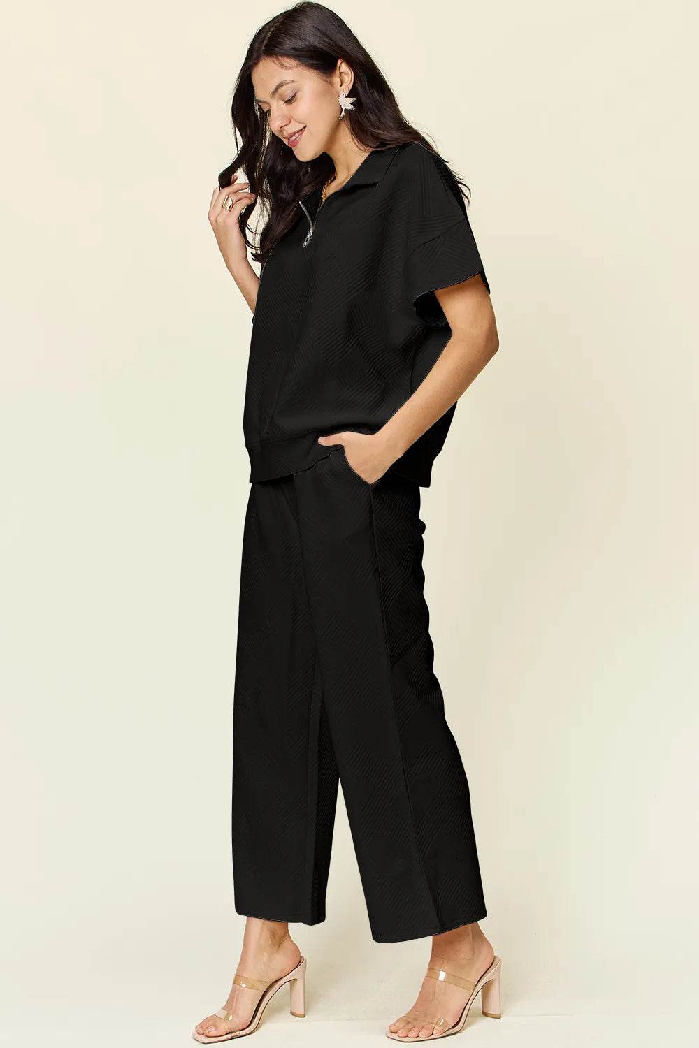 Double Take Texture Half Zip Set with Full Size Top and Pants - EBYNN