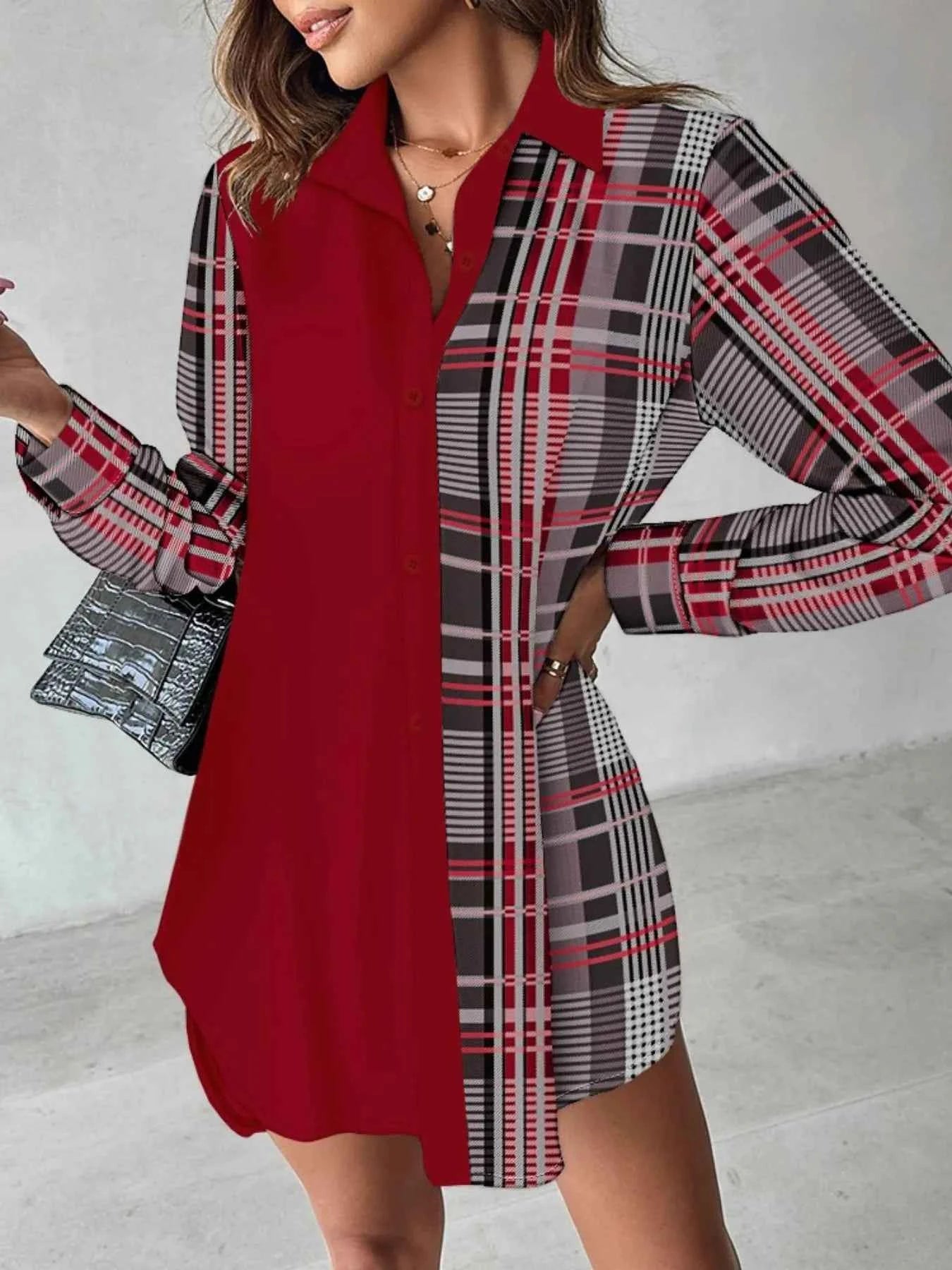 Printed Button Up Long Sleeve Shirt Dress.