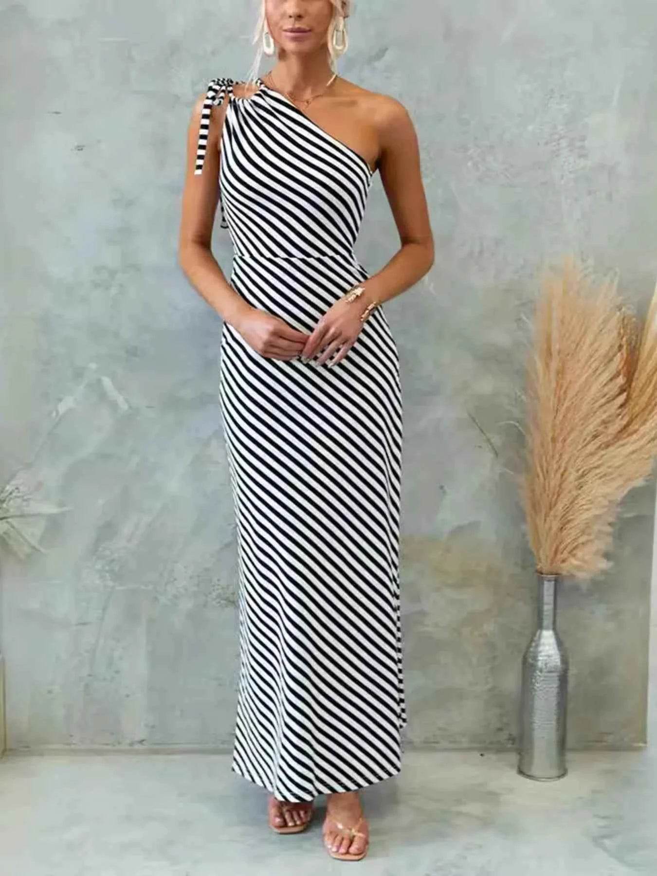 One Shoulder Striped Maxi Dress.