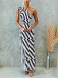 One Shoulder Striped Maxi Dress.
