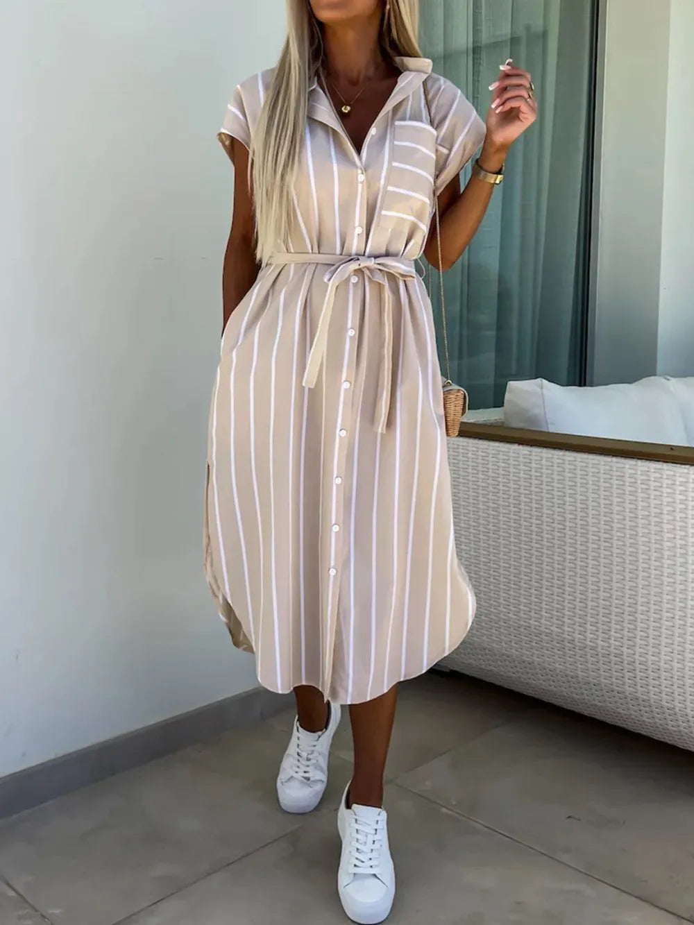 Striped Tie Waist Short Sleeve Dress.
