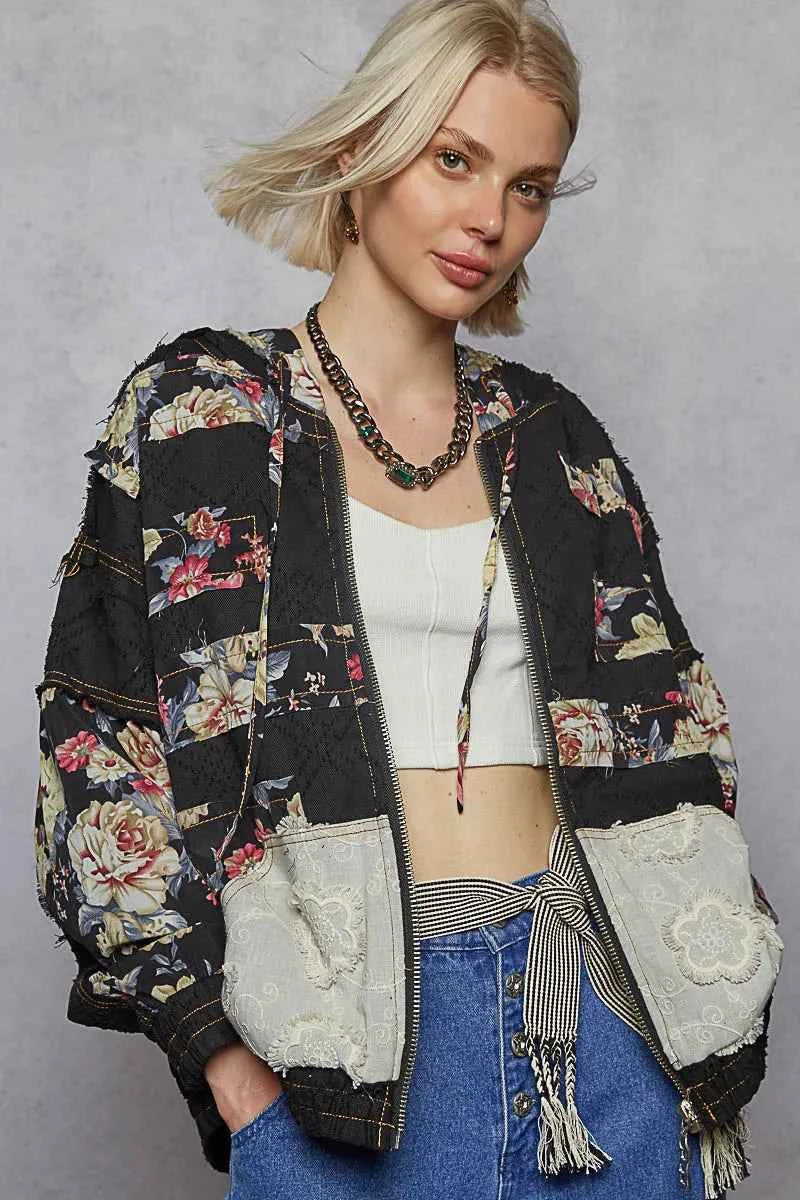 POL Zip Up Floral & Lace Patch Bomber Jacket.