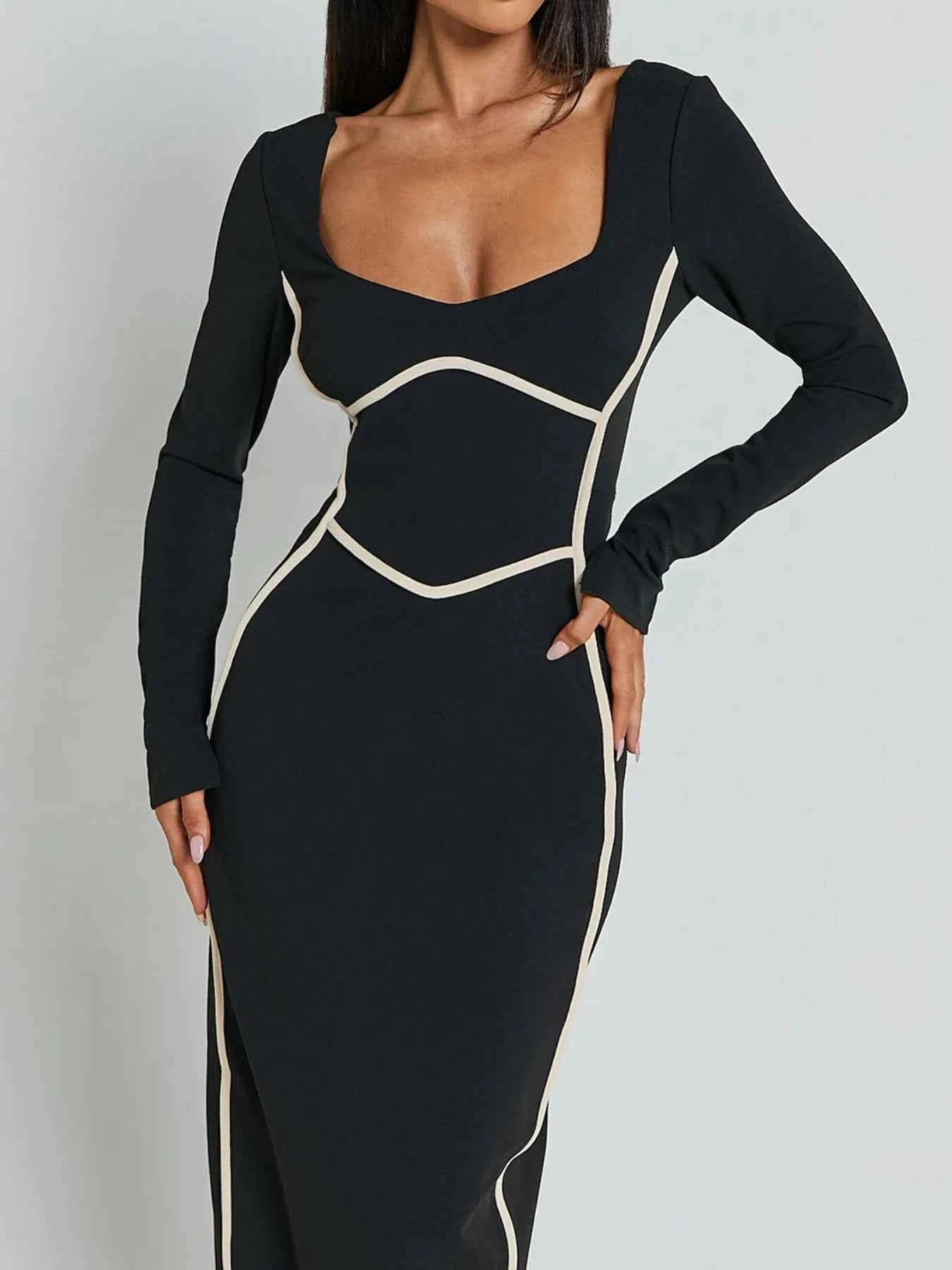 Contrast Trim Long Sleeve Bodycon Maxi Dress.