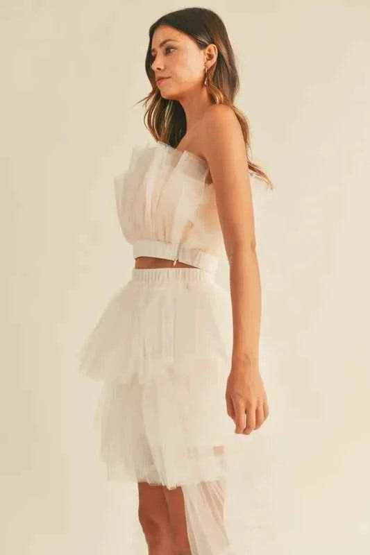 MABLE Tulle Ruffle Crop Top & High Low Maxi Skirt Set - EBYNN