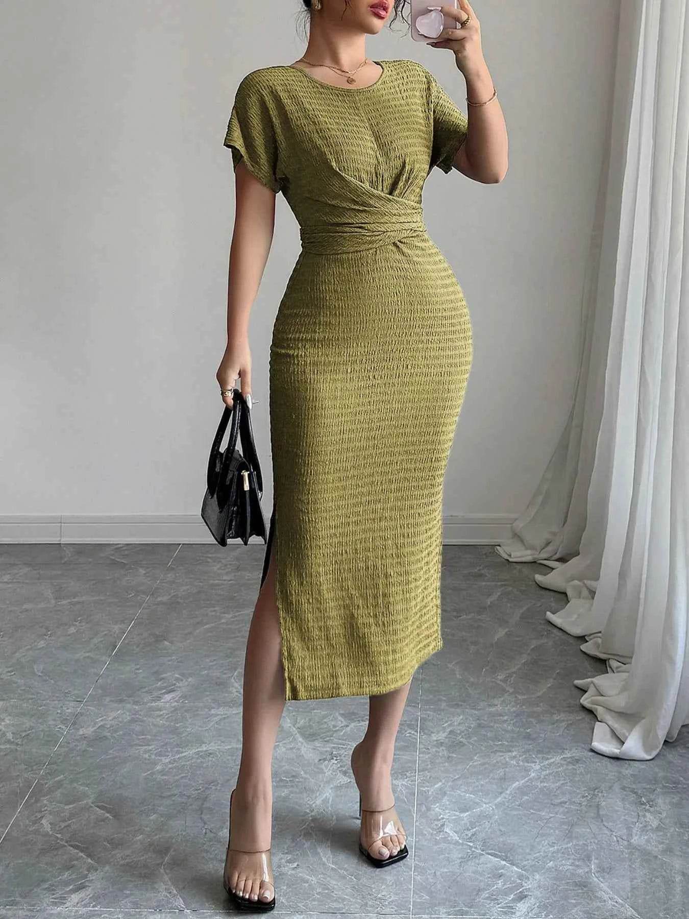 Ruched Waist Textured Midi Dress.